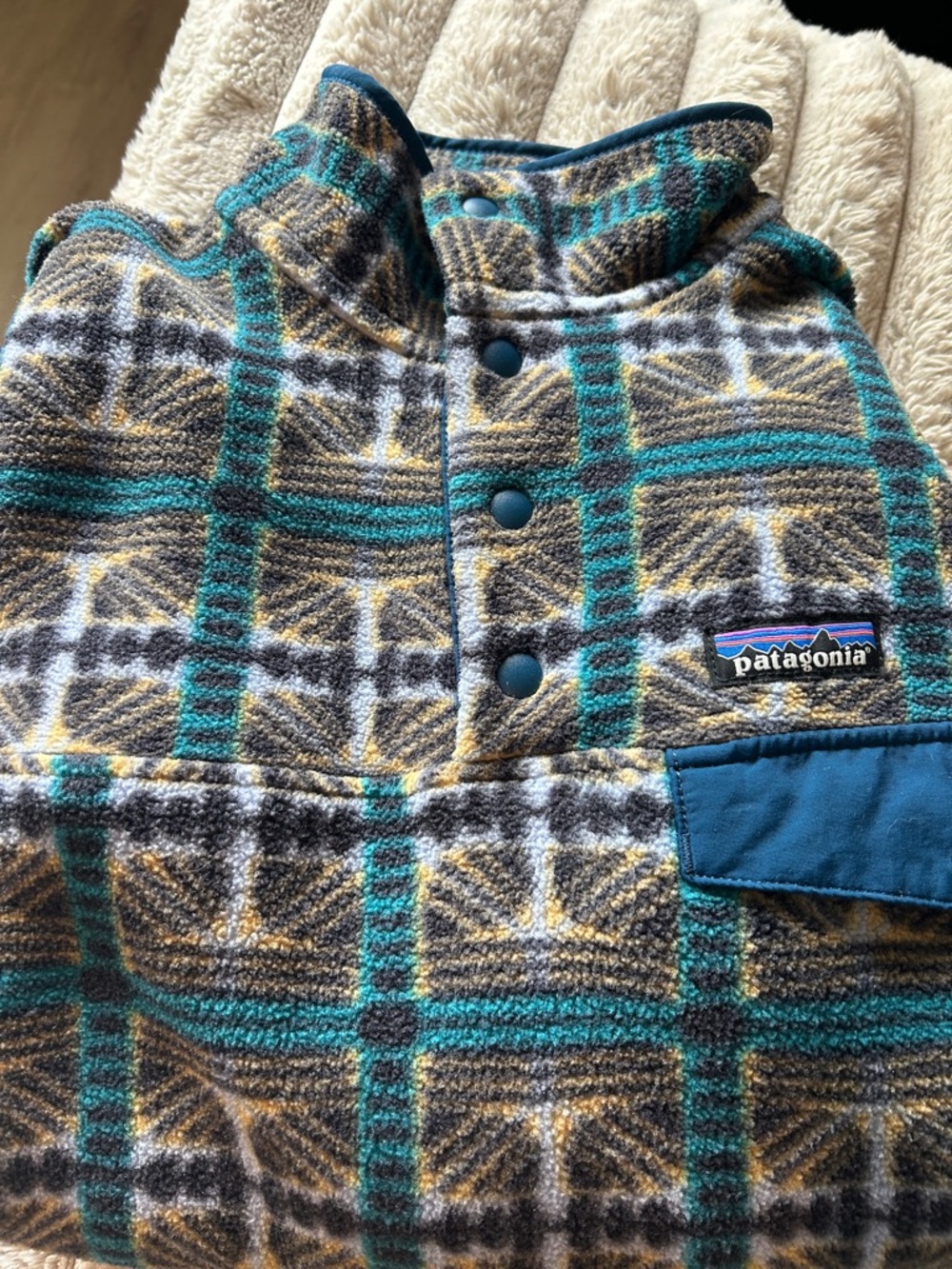 Patagonia Teal and Navy Geometric Snap-T Fleece Pullover